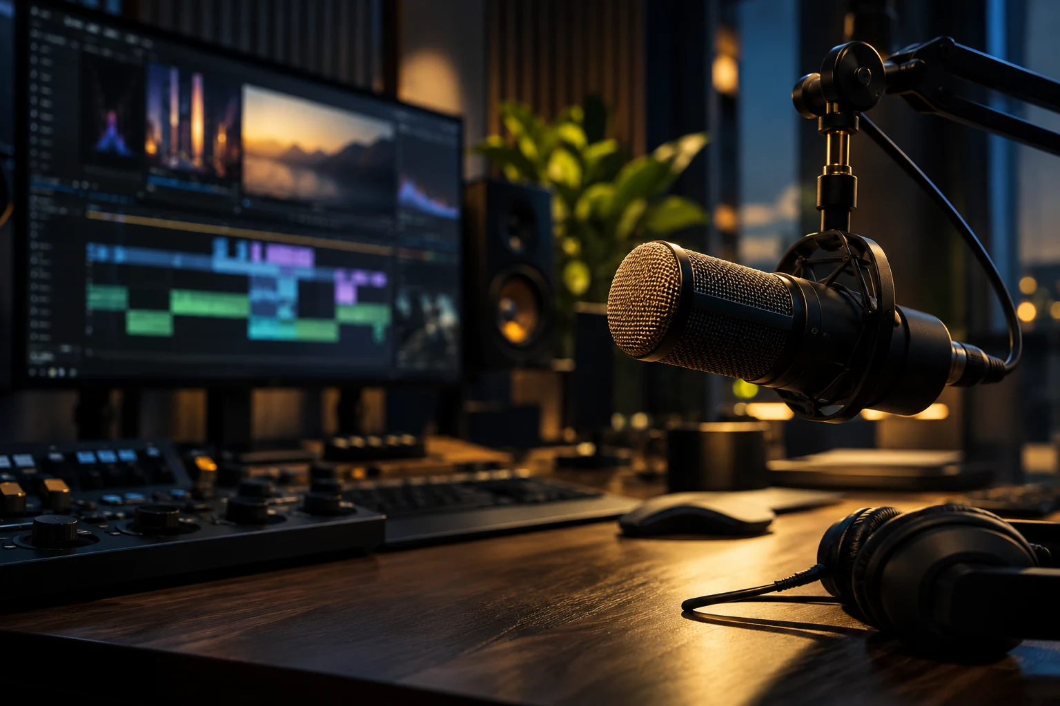 Cinematic illustration of a microphone and a video editing workstation
